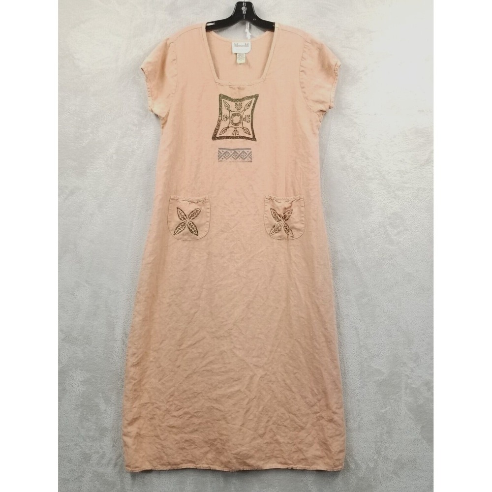 Vintage‎ Dress Women M Salmon 100% Linen Maxi Block Print Pockets Southwest Art